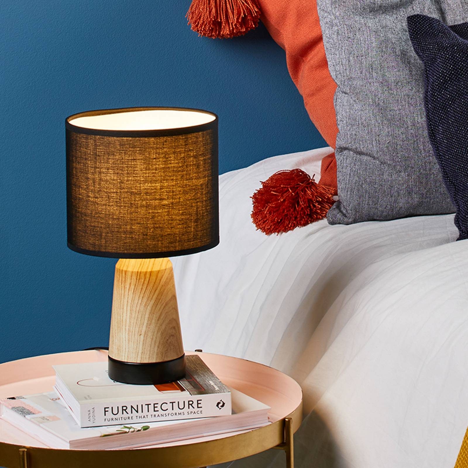 COREP Lampe de table Baltik, noir/bois clair, 33 cm, métal/coton