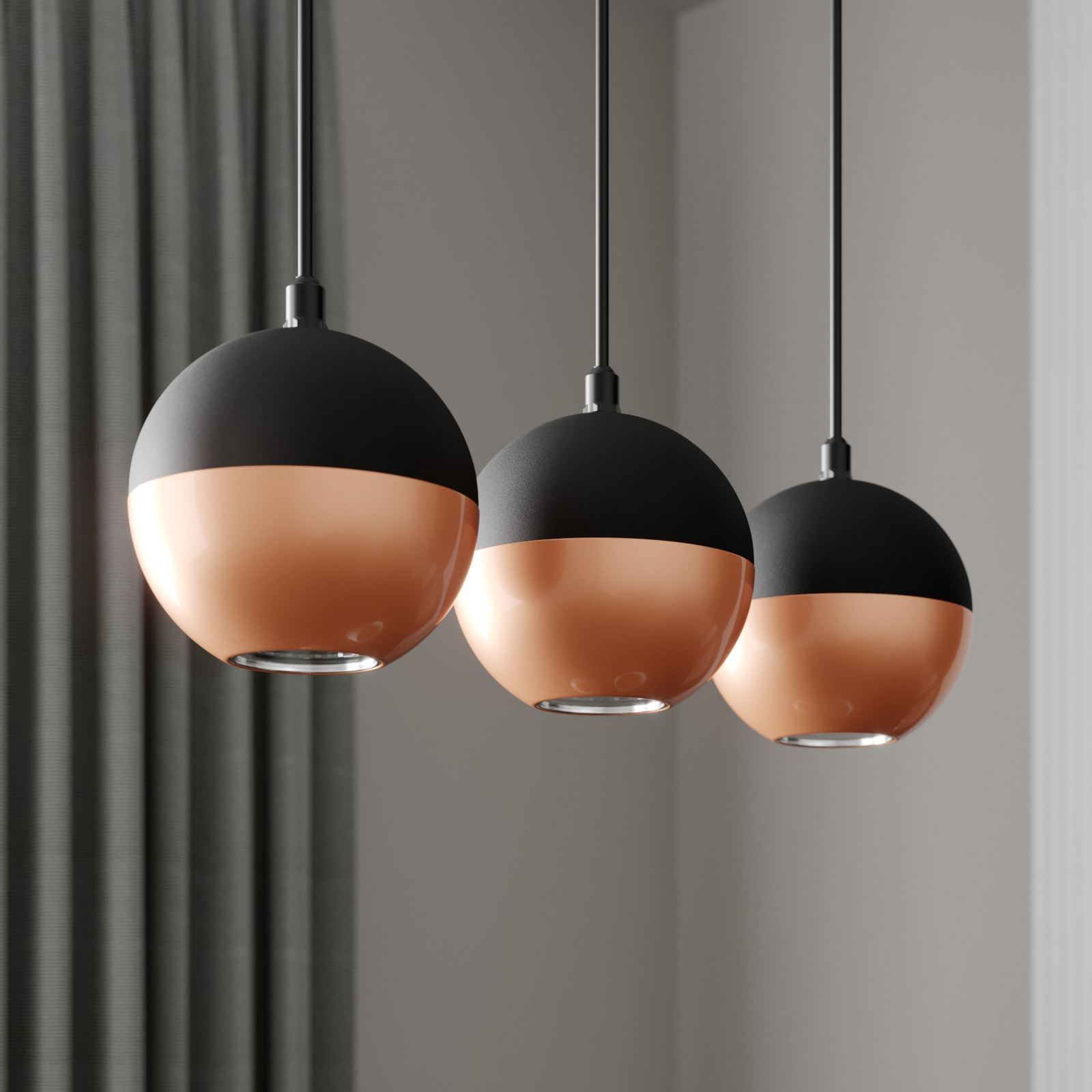 begroting Ben depressief concept Hanglamp Midnight in zwart/koper 3lamps lang | Lampen24.nl