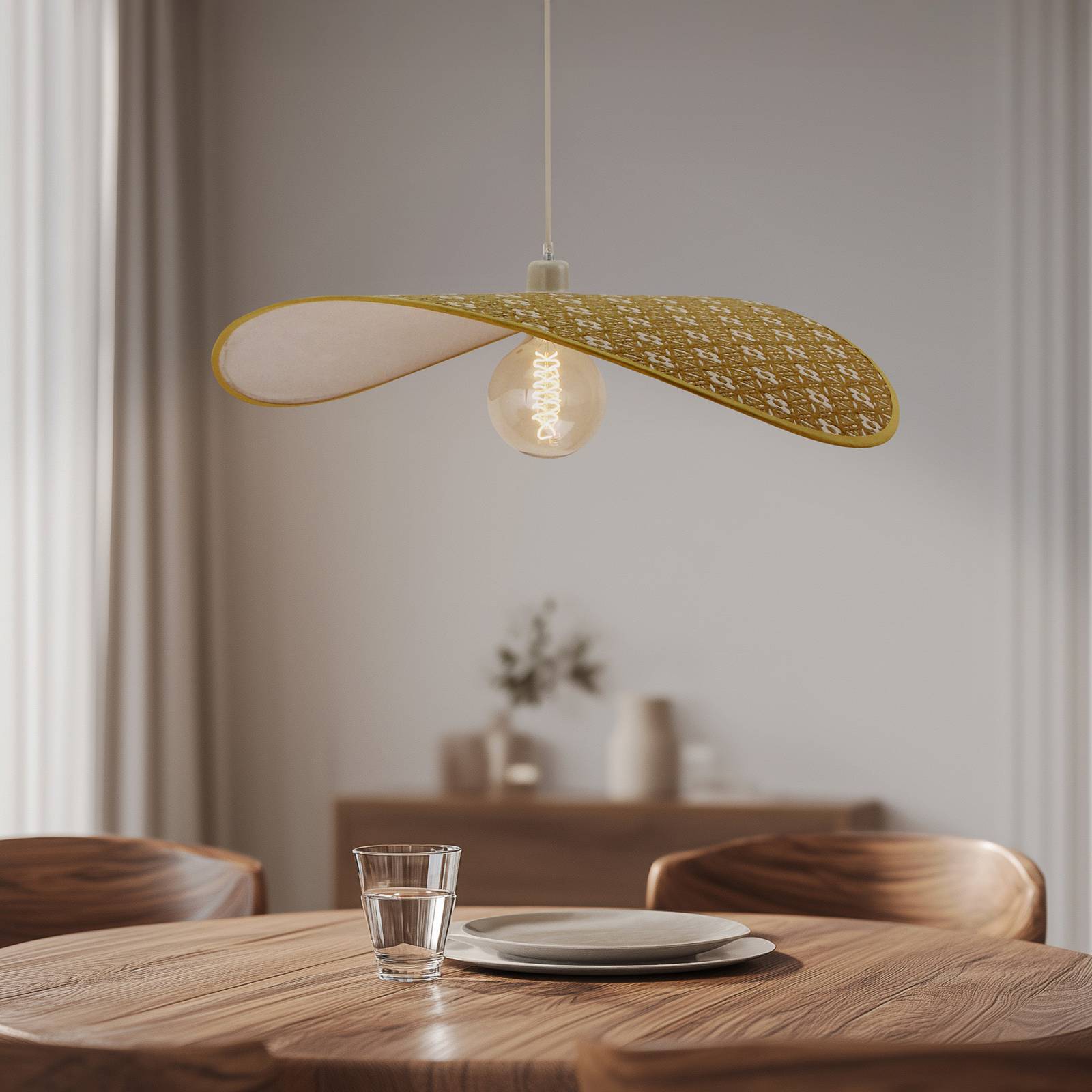 Żyrandol Lindby Tulio, żółta w wzory, materiał, Ø 50 cm