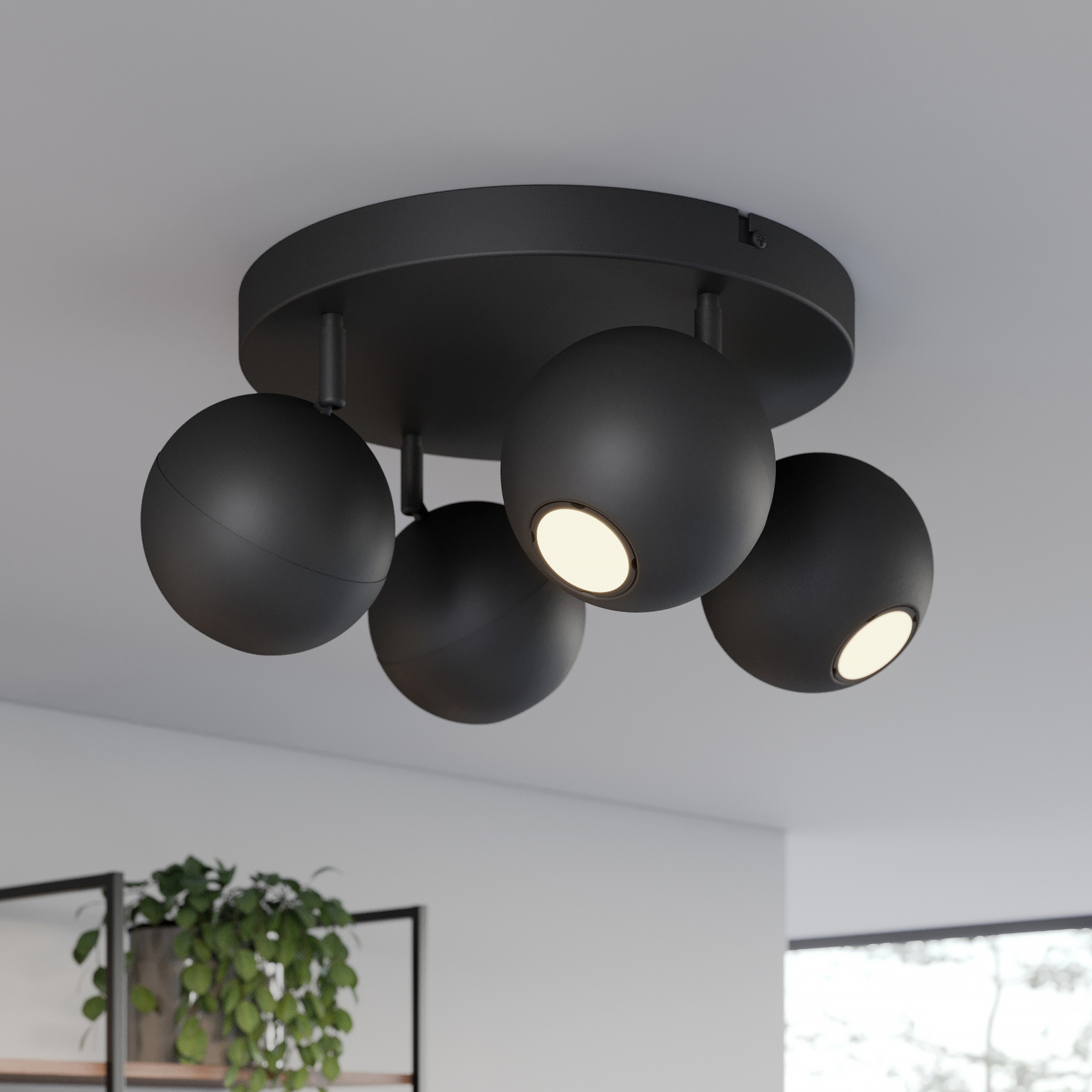 Foco de techo Midnight negro, 4 luces redondo