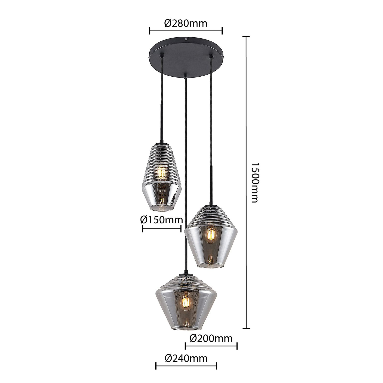 Lindby Ekkis hanging light 3-bulb round smoky grey