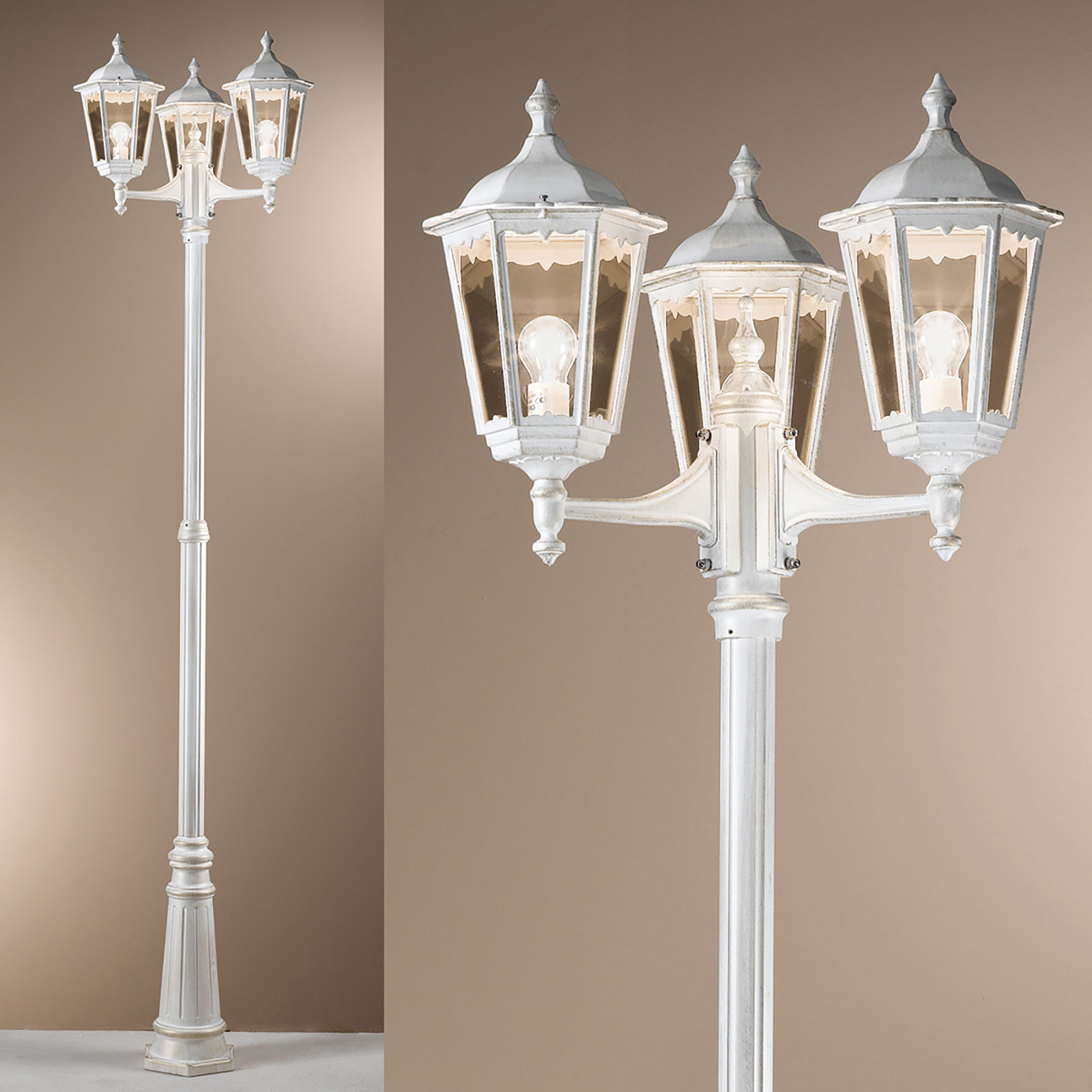 Farola Puchberg, 3 luces, 255 cm, blanco-dorado