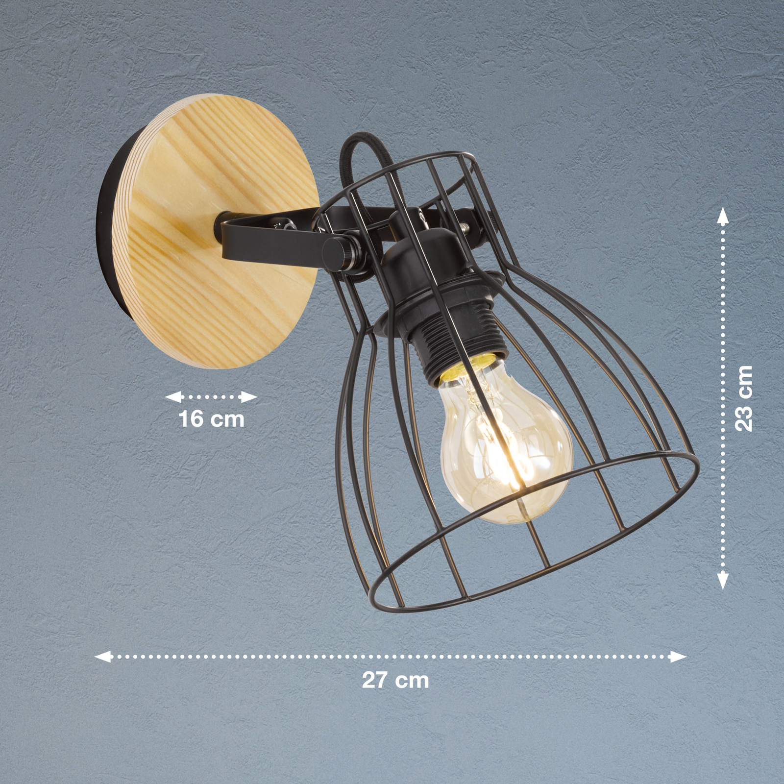 Die wall light with wood finish and cage lampshade