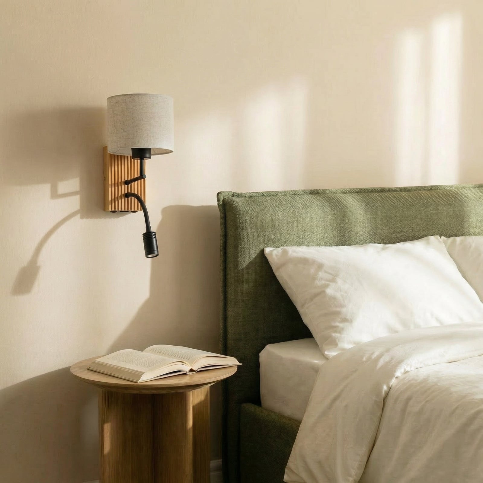 Aplique de pared Lucande Lieske, 39 cm, beige, textil, brazo de lectura