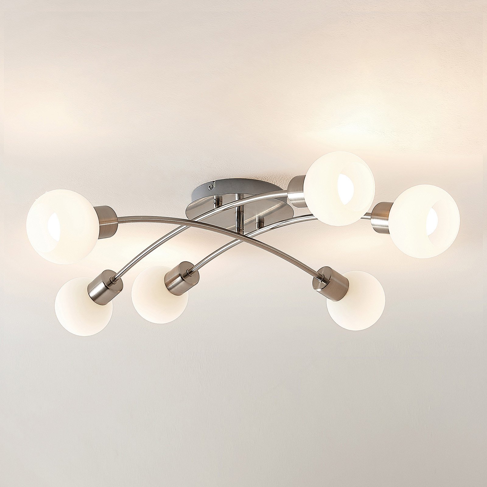 Lindby Agmar plafonieră culoare nichel sticlă 6 becuri E14 - Camera de zi / sufragerie - Modern - nichel satinat alb - Metal