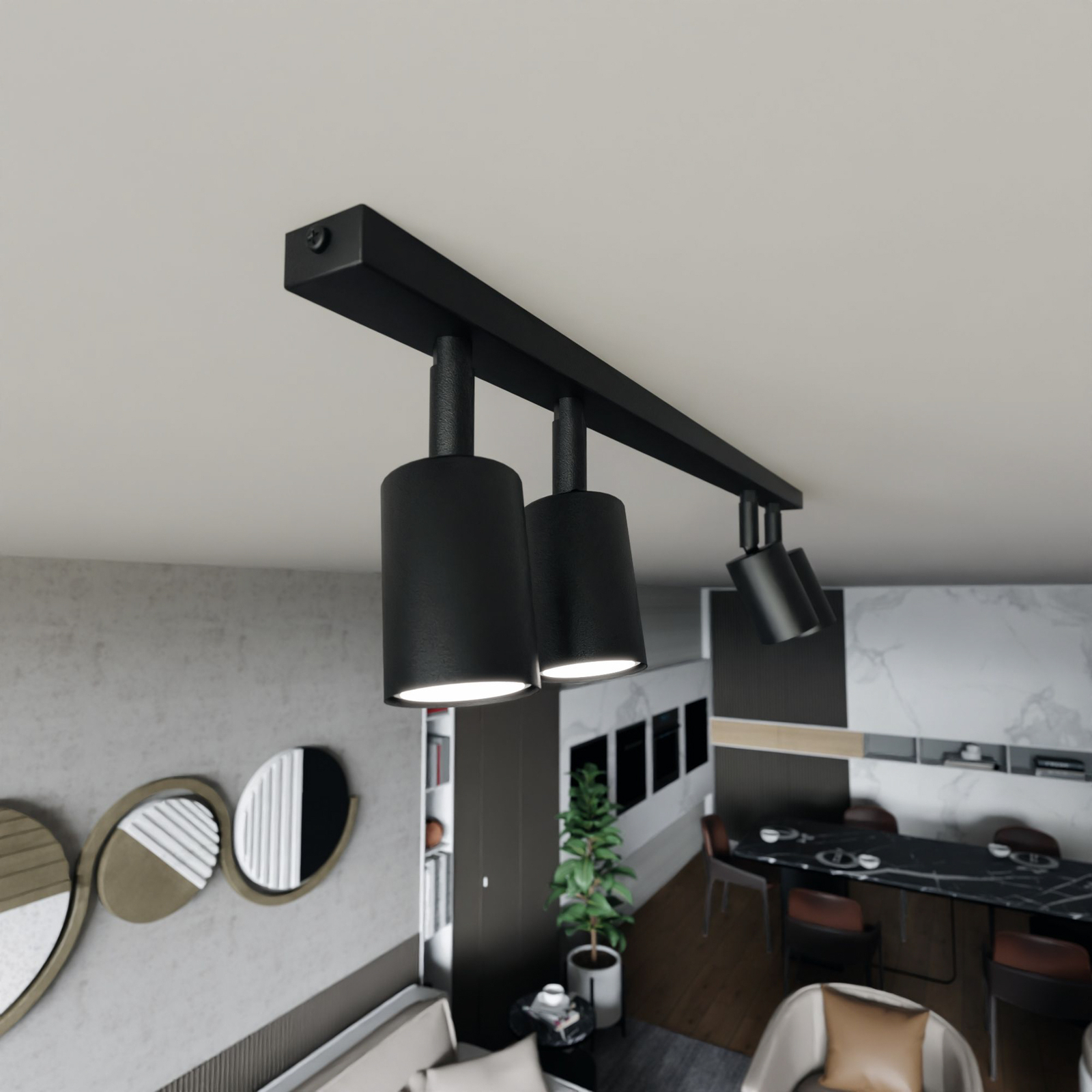 Flash ceiling light, black, 4-bulb, metal