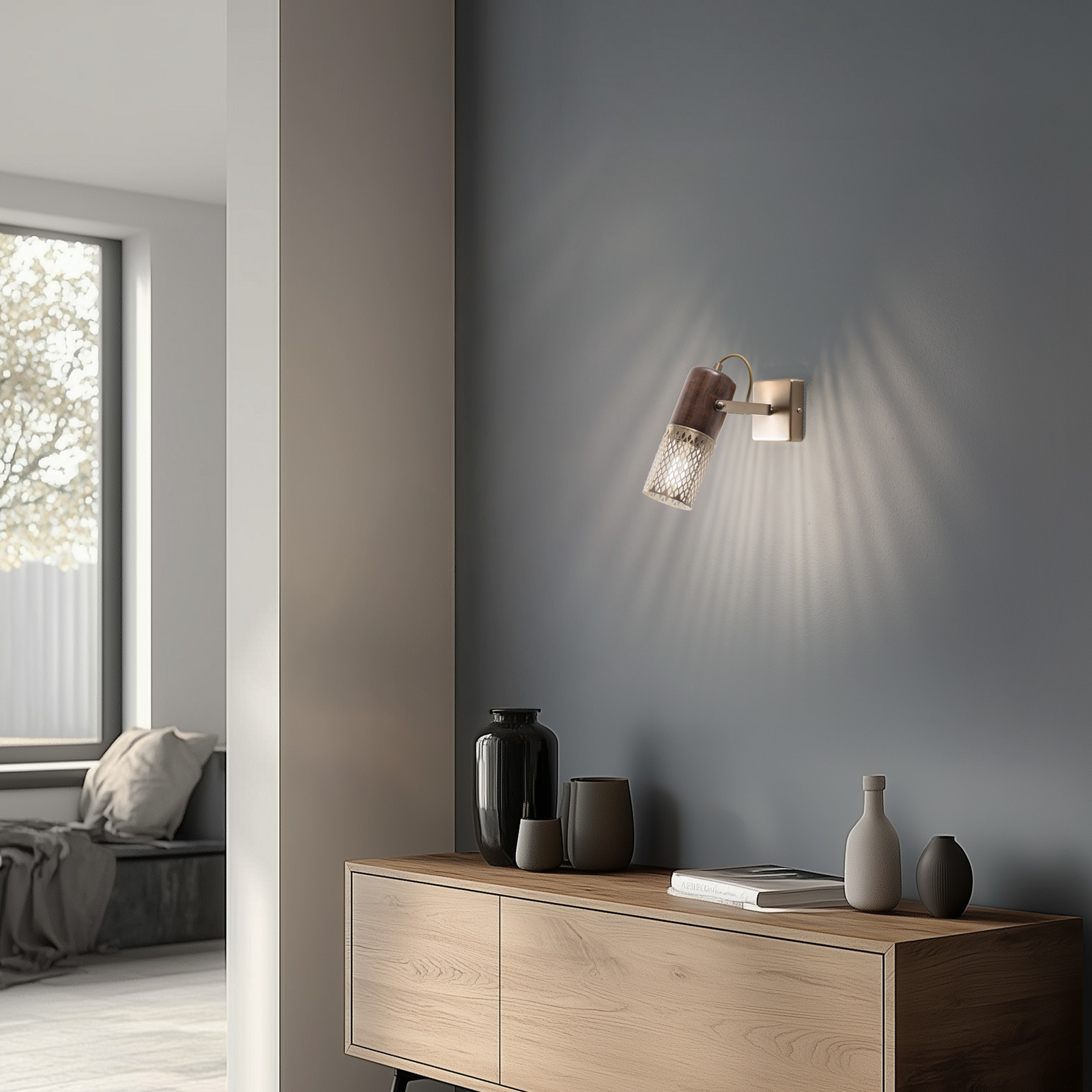 Wandlamp Albrecht, goud antiek, hoogte 12 cm, metaal/hout