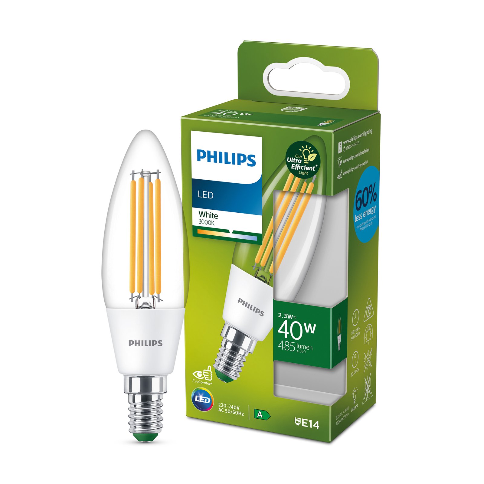 Philips LED candela E14 2,3W 485lm traspar 3.000K
