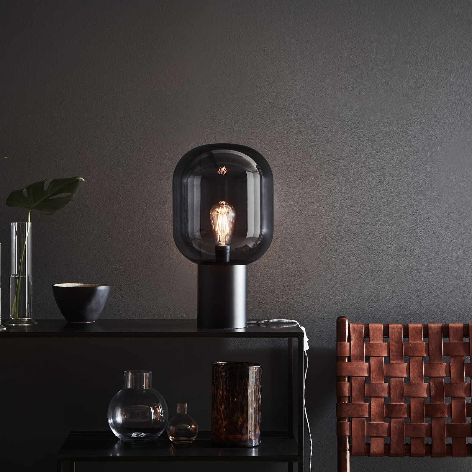 Brooklyn table lamp, smoky grey glass shade