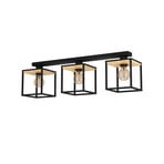 Plafonnier Libertad, longueur 86 cm, noir/bois 3 lampes