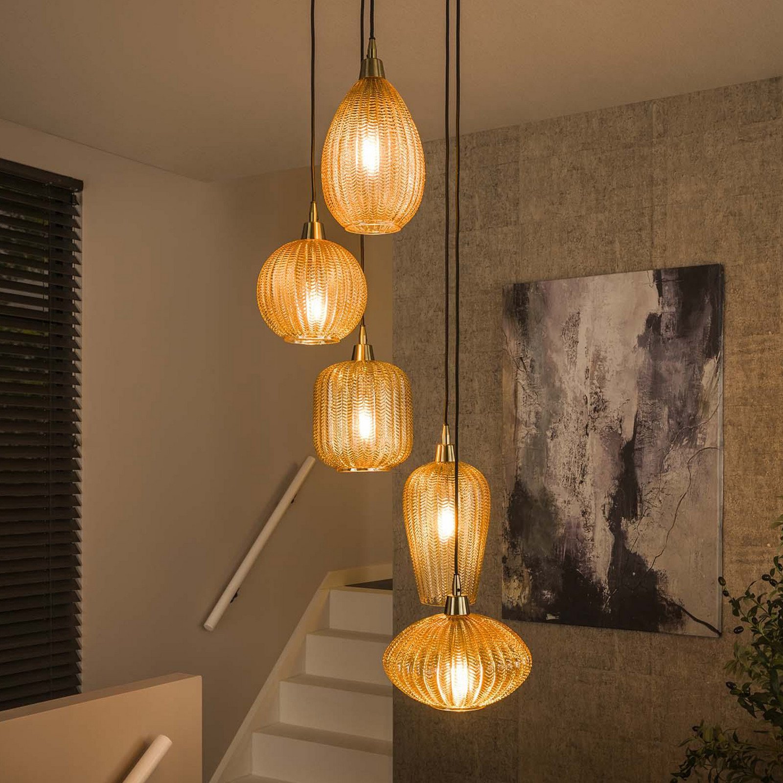 Zijlstra Lampă suspendată V-Shape chihlimbar Ø 40 cm sticlă 5 becuri - Camera de zi / sufragerie - modern - chihlimbar-transparent negru