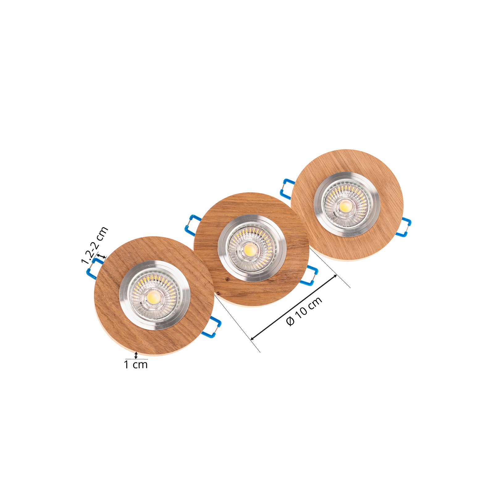 Spot encastrable Sirion, rond, Ø 10 cm, bois de chêne, set de 3 pièces