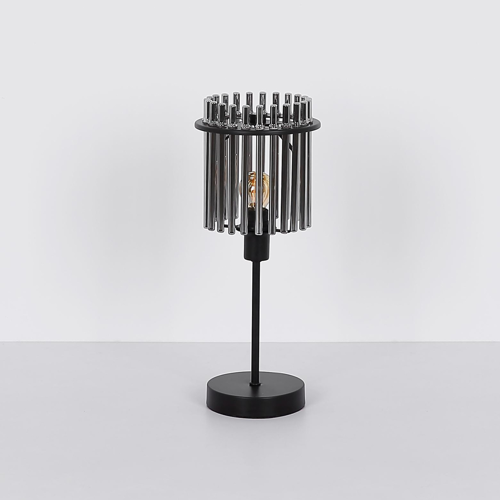Lámpara de mesa Gorley, altura 37,5 cm, gris ahumado, cristal/metal