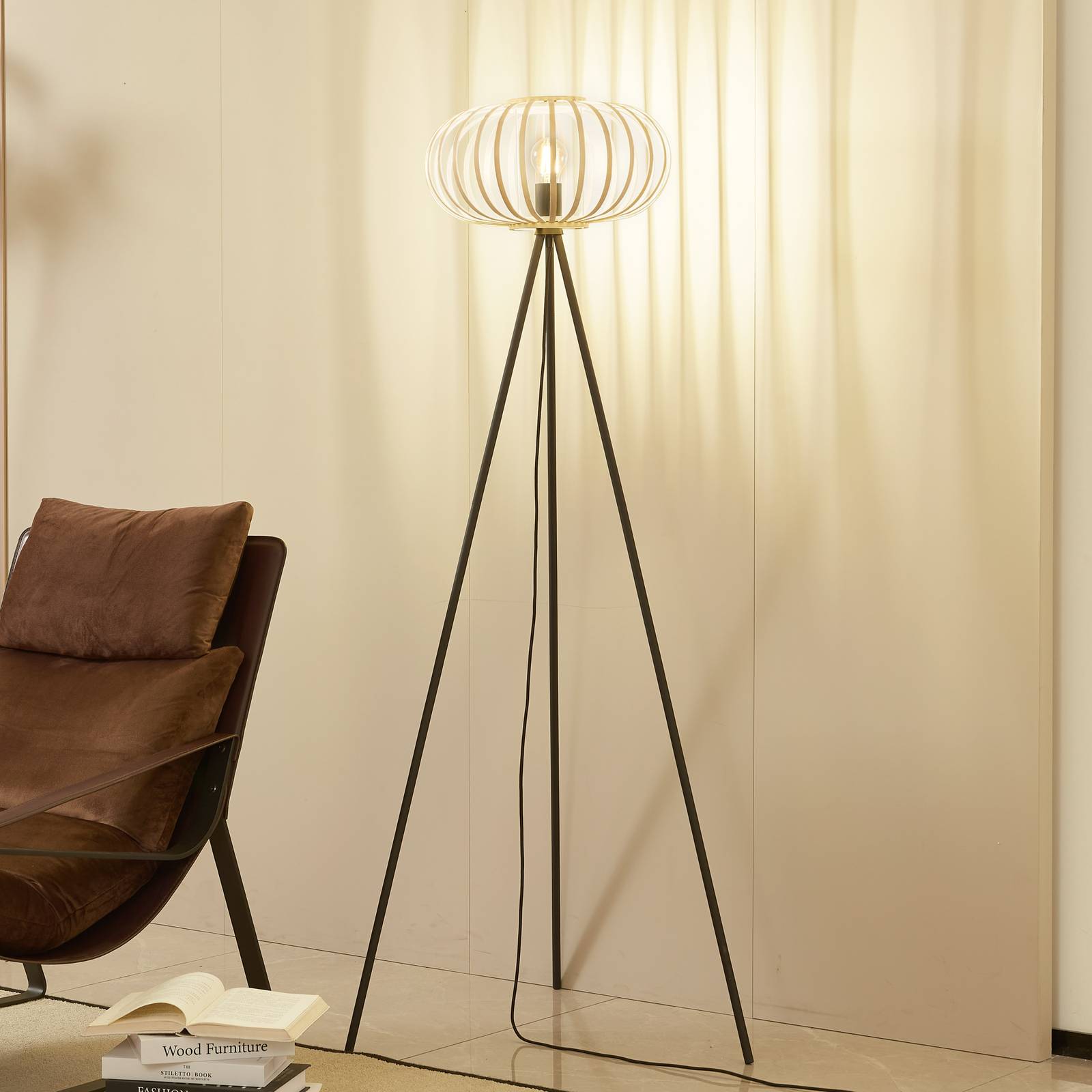 Lampa stojąca Lindby Lielle naturalny bambus Ø 40 cm