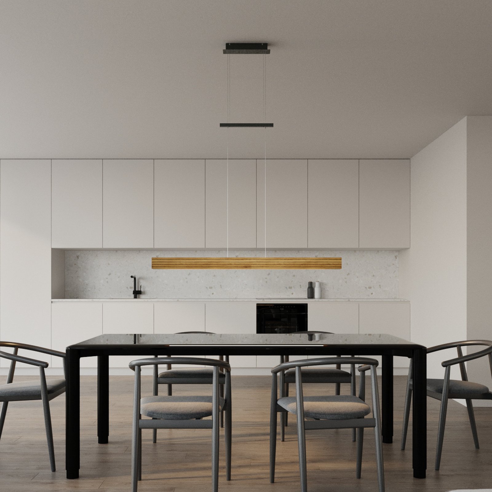 Candeeiro suspenso LED Inka, madeira clara, regulável, comprimento 116 cm