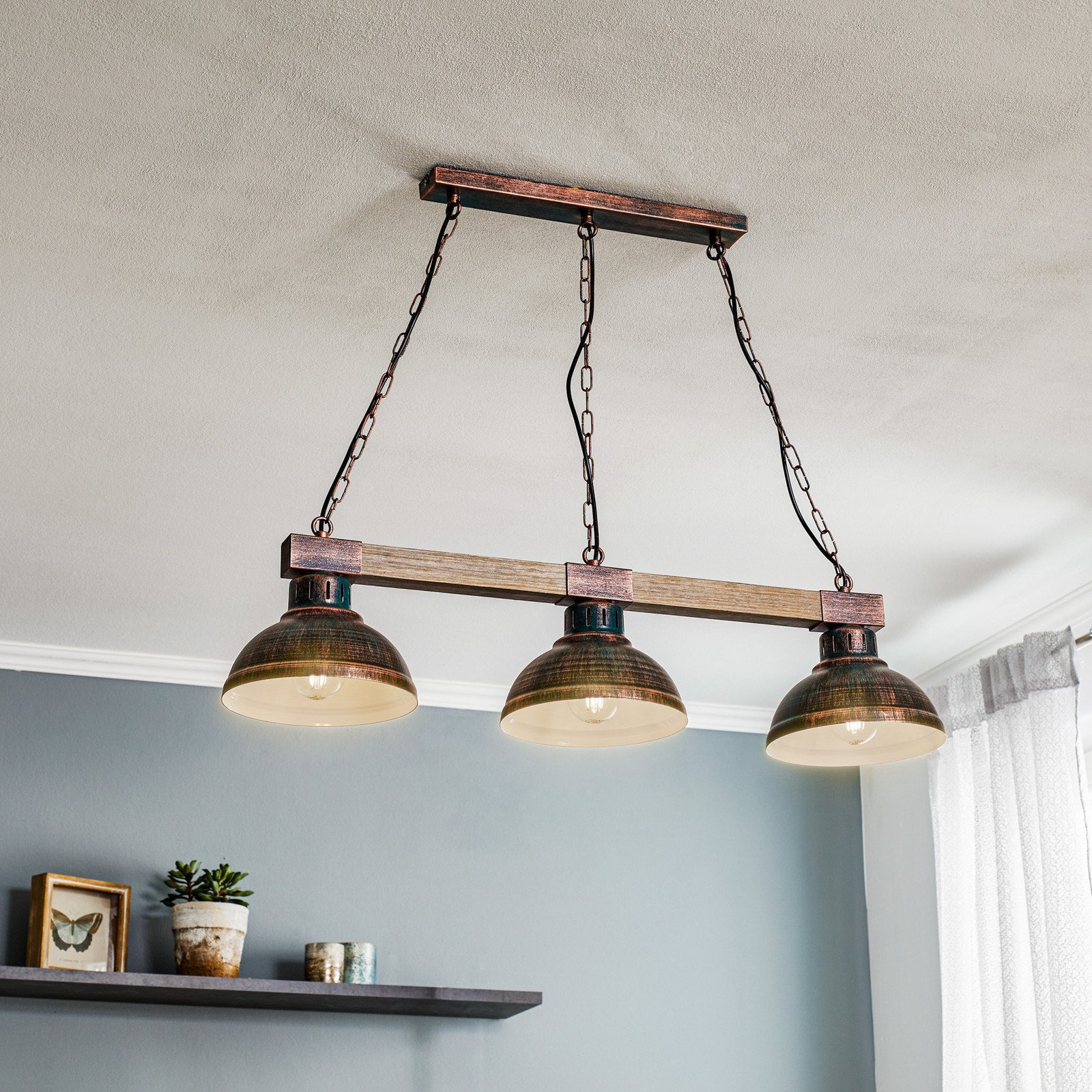 Luminex Lampă suspendată Hakon cu 3 becuri maro ruginiu/lemn natural - Camera de zi / sufragerie - Vintage - maro ruginiu lemn natural - Metal