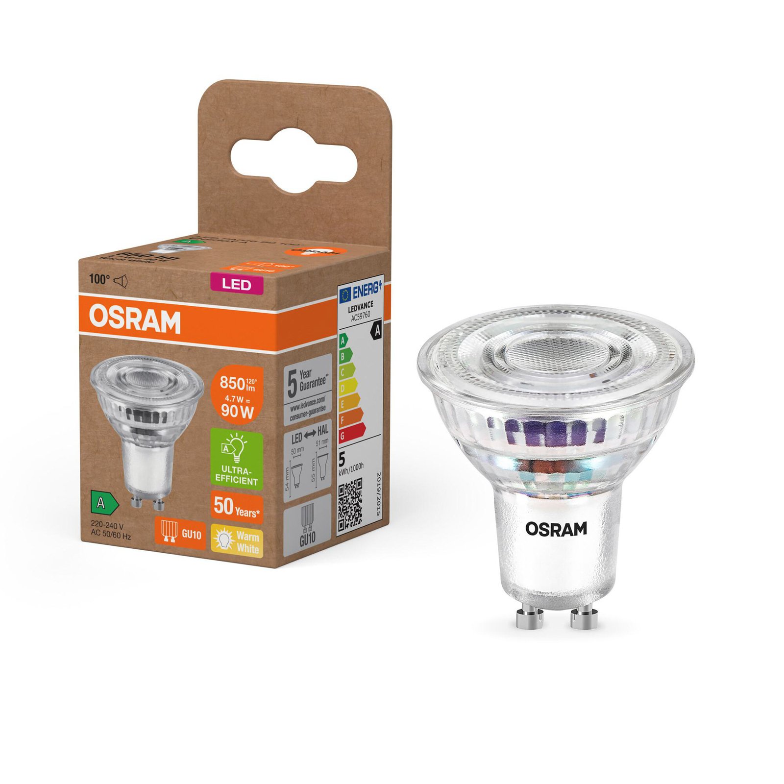 Source lumineuse LED OSRAM PAR16 réflecteur GU10 4,7W 100° 2.700K