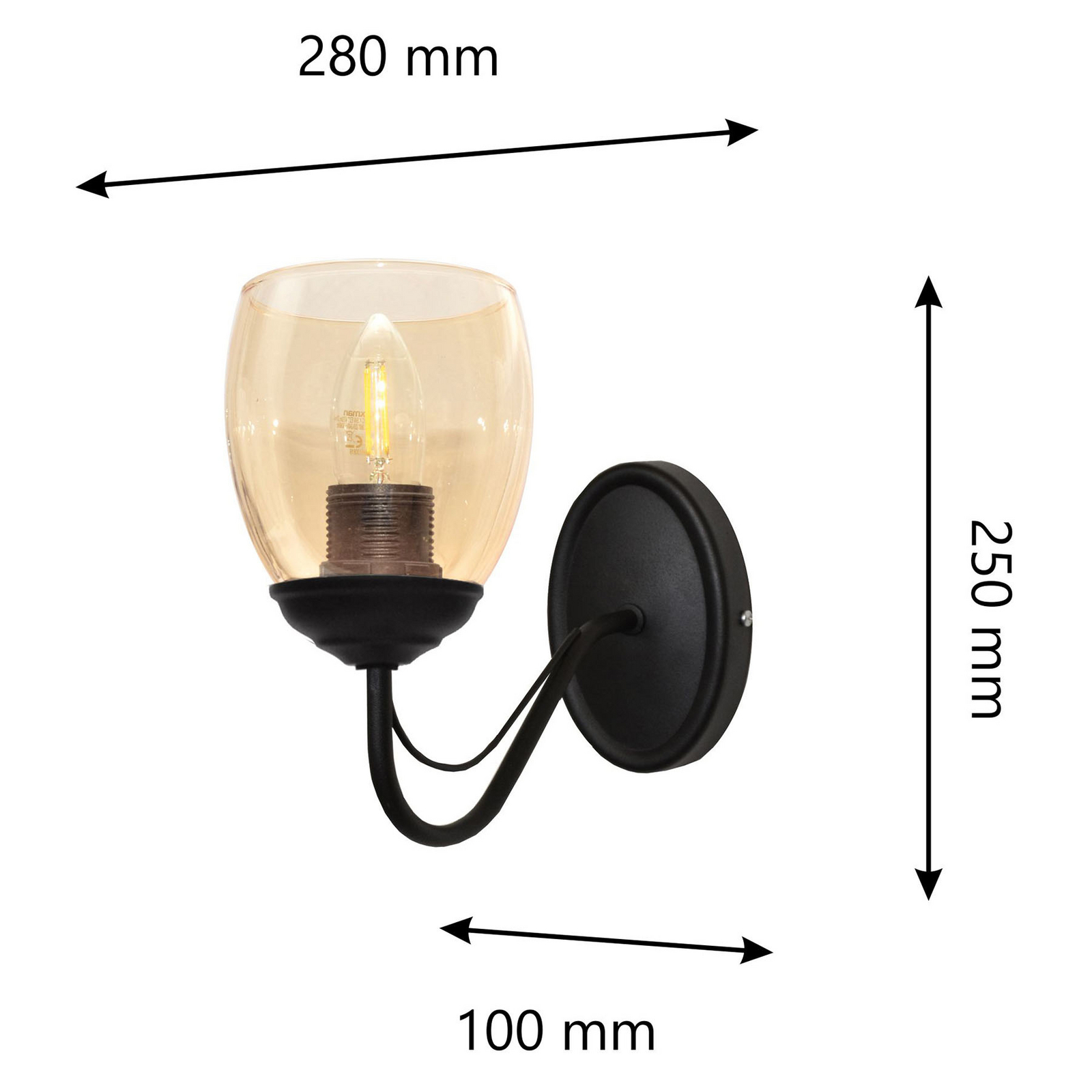 HELam Allena wall light 1-bulb black, amber glass, for Living / Dining Room, iron, glass, E27, 60 W, energy efficiency: A++, W: 10 cm, H: 25 cm