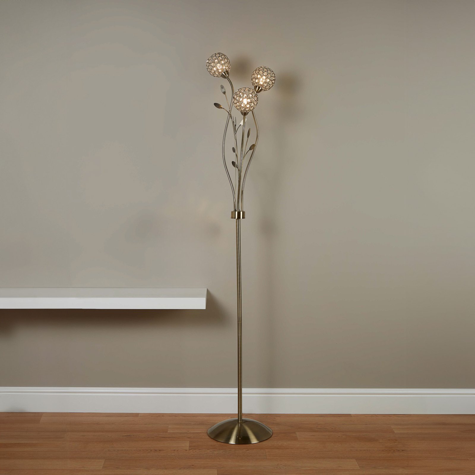 Bellis II floor lamp, antique brass colour, glass, 3-bulb, G9