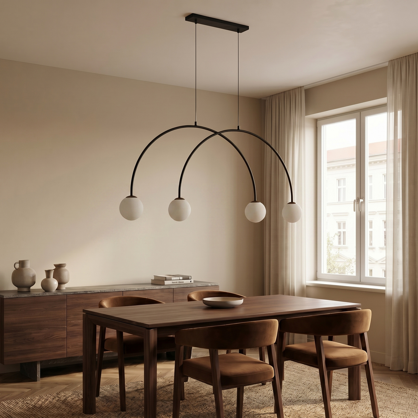 Candeeiro suspenso Alison, preto/branco, 4 lâmpadas, arco, 129 cm