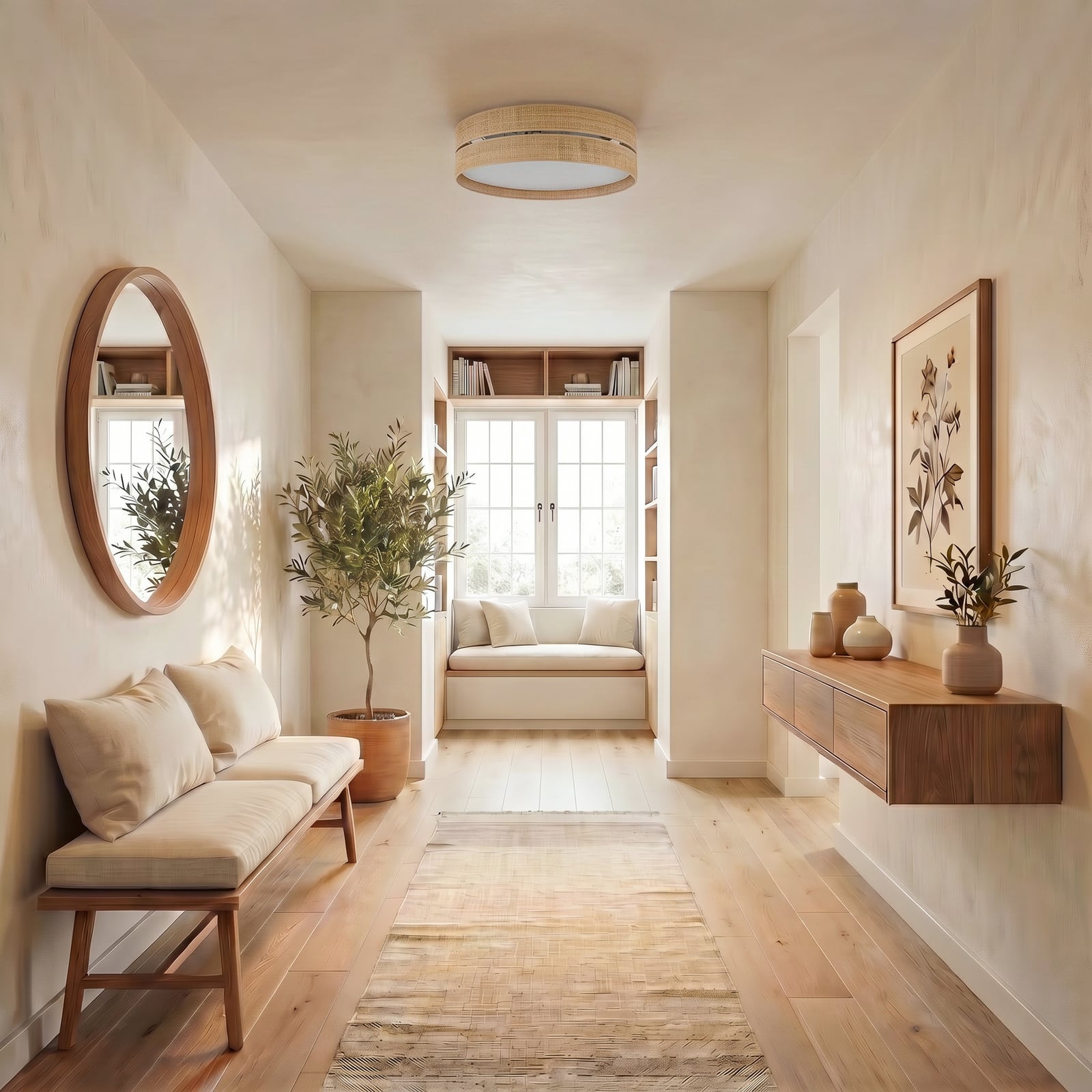 Plafonnier Calma, beige, raphia, Ø 60 cm, E27