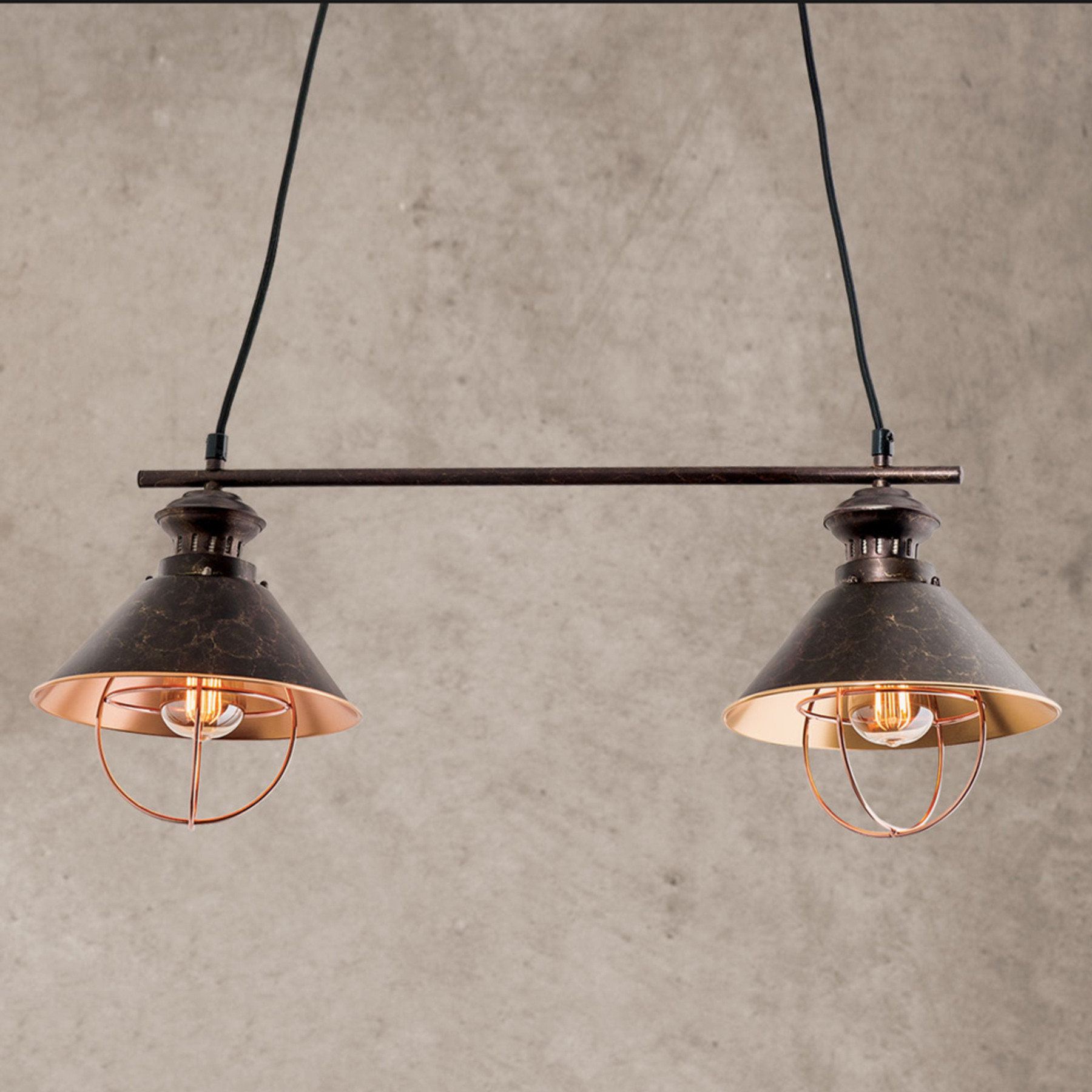 Orion 2-bulb Shanta hanging light in black copper, for Living / Dining Room, metal, E27, 60 W, energy efficiency: A++, L: 66 cm, W: 21 cm, H: 25 cm