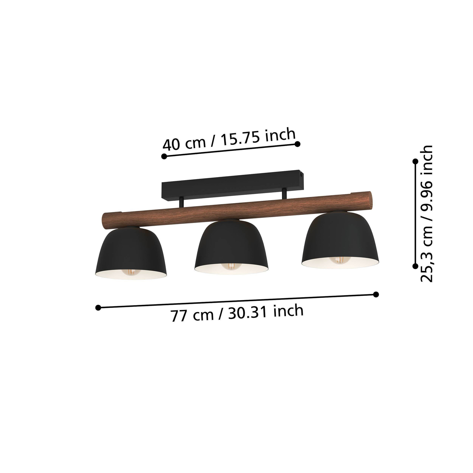 Stropné svietidlo Sherburn, dĺžka 80 cm, čierna/hnedá farba, 3 svetlá.