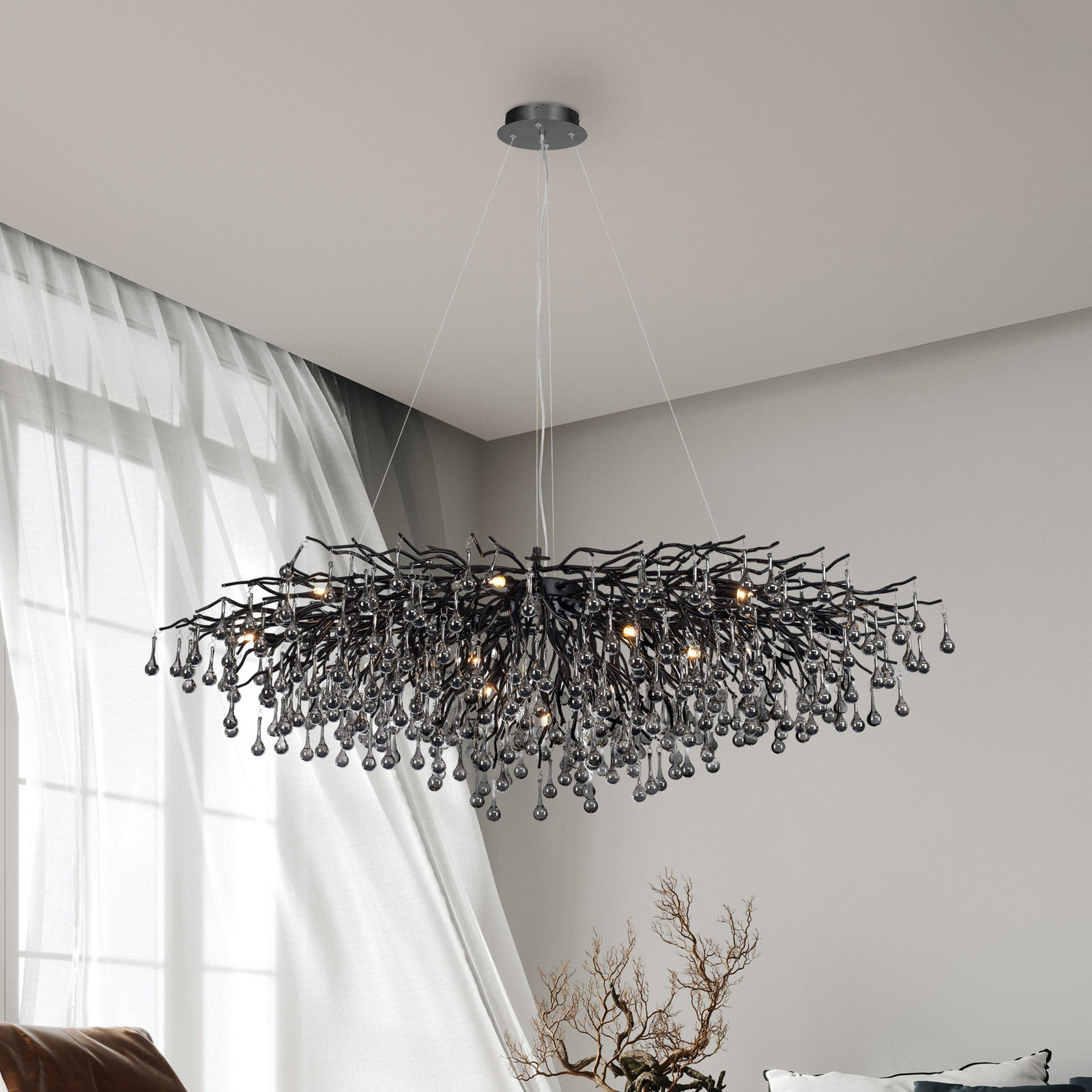 Paul Neuhaus Candelabru Icicle negru sticlă suspendată lungime 150 cm - Camera de zi / sufragerie - negru gri fumuriu
