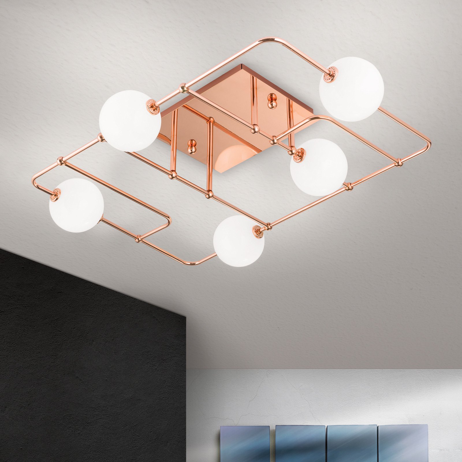 LED plafondlamp Pipes in koper met glasbollen