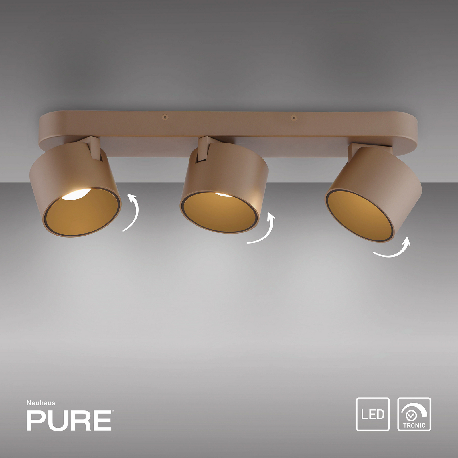PURE LED тавански спот Cup, бронзов цвят, 56 cm, метал, 3-крилен.
