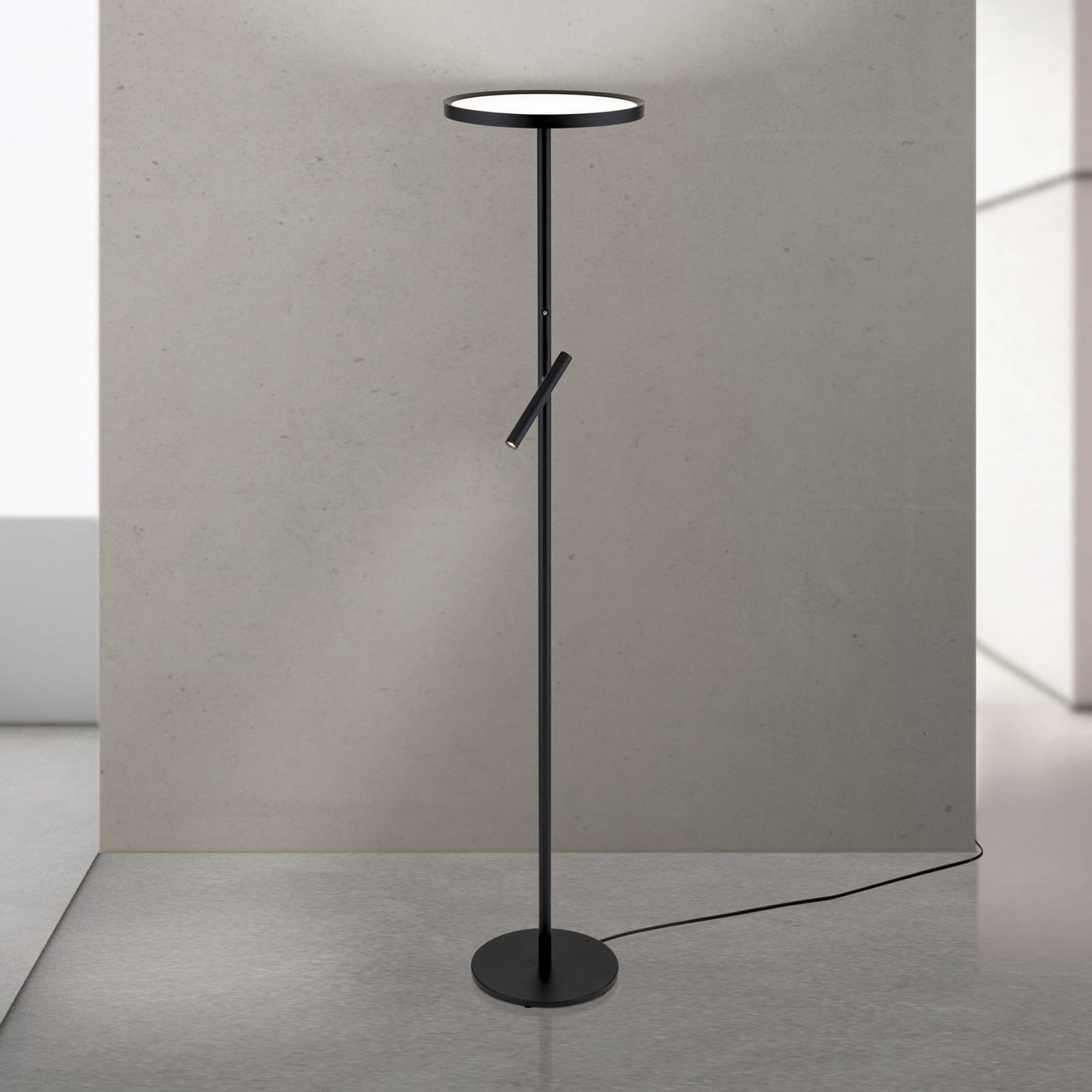 LED vloerlamp Teide, zwart, metaal, leeslamp, dimmer