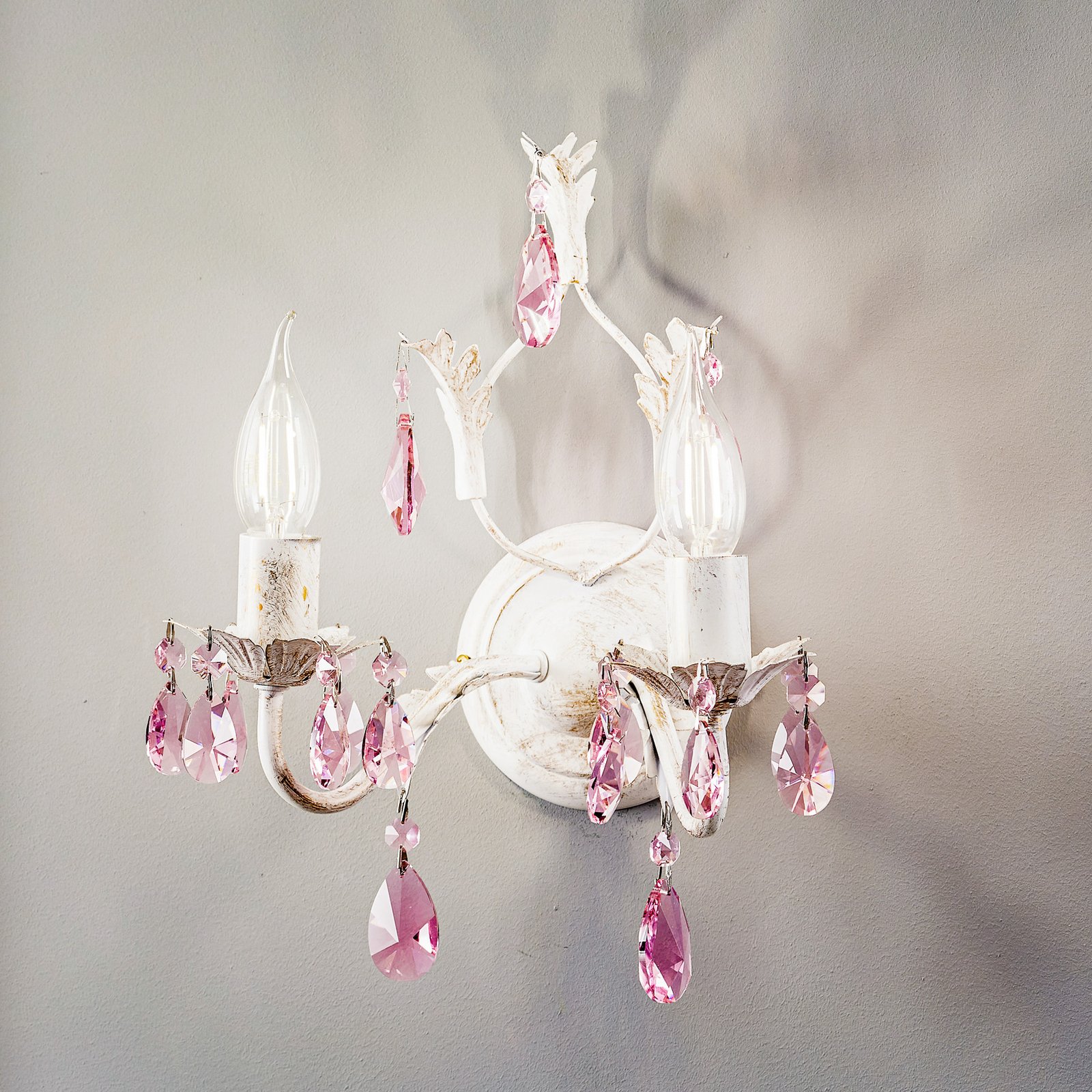 Kate wall light, 2-bulb, white, pink crystals