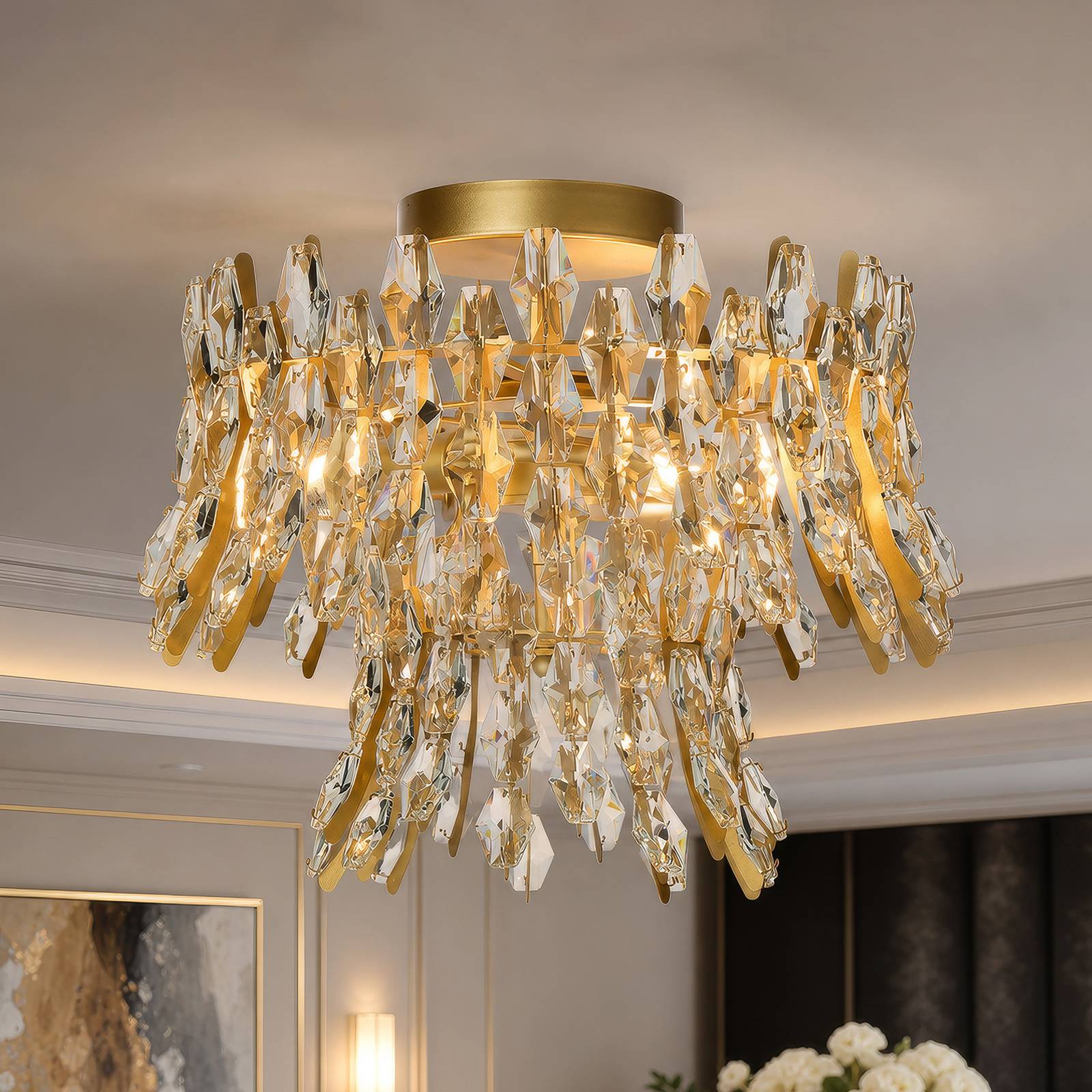 Lampa sufitowa Monarch, złota/przezroczysta, szkło, metal, E14