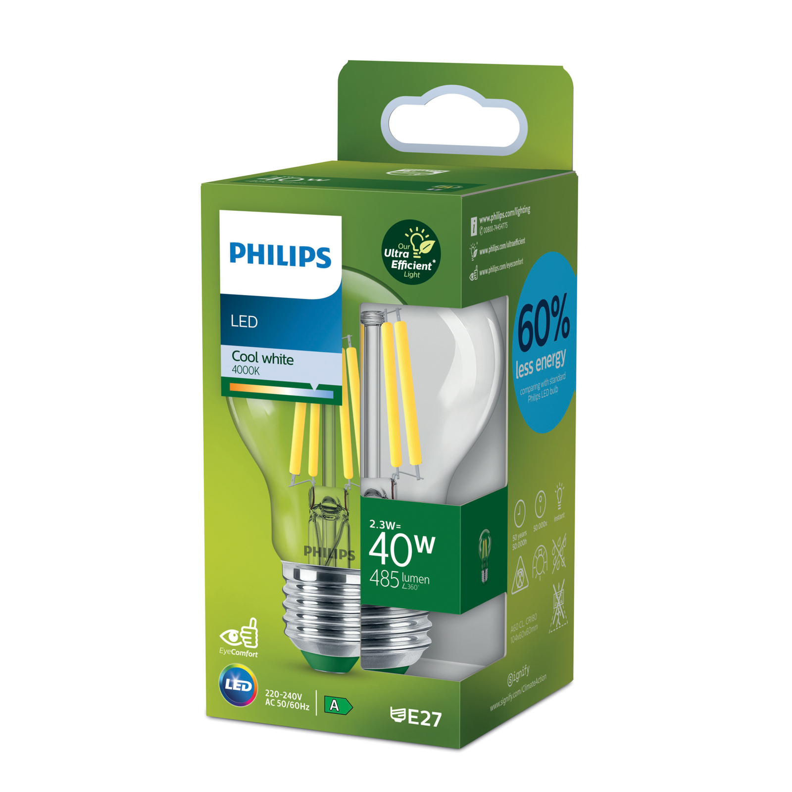 Philips E27 LED bulb A60 2.3W 485lm 4,000K clear