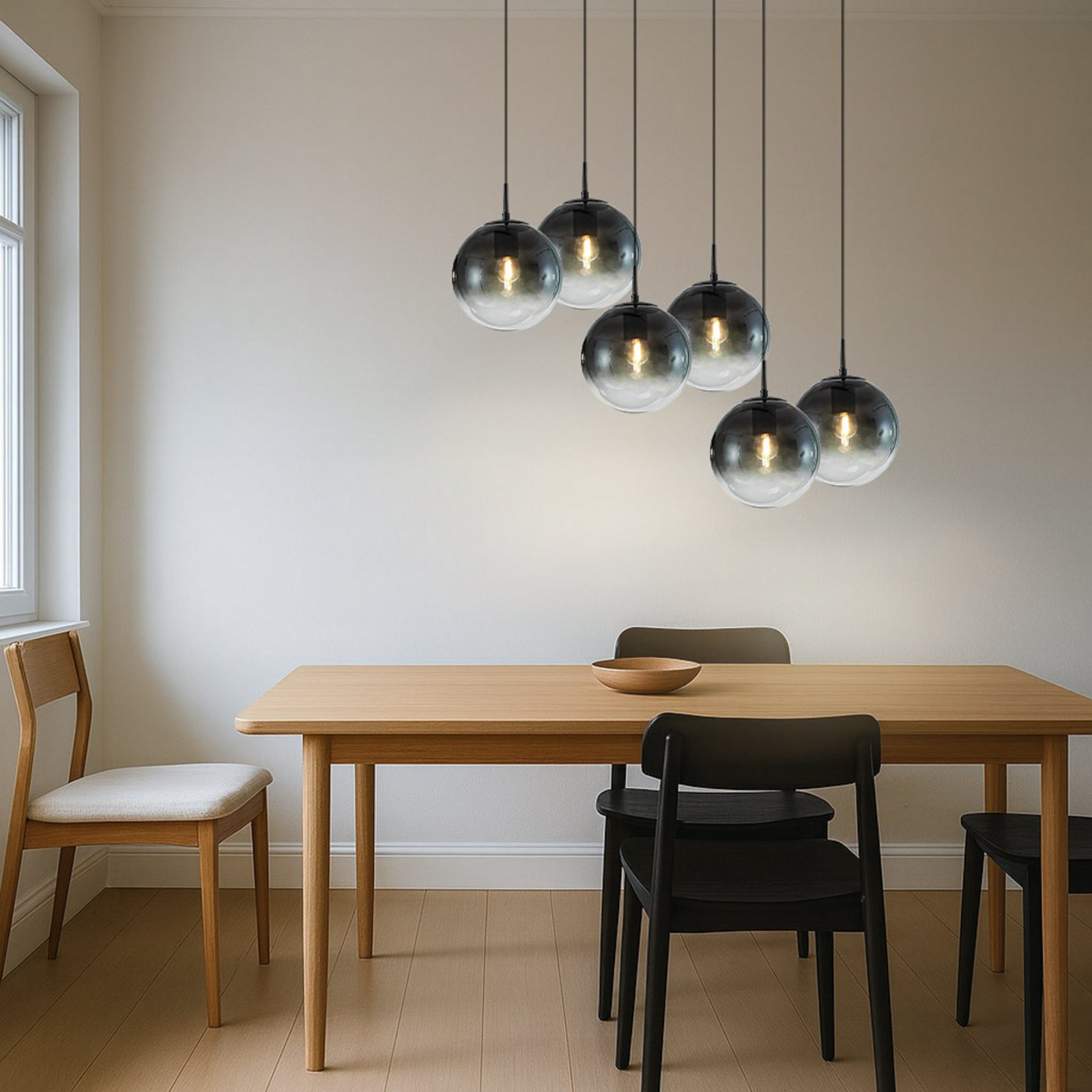 Lucande Lampă suspendată Veloura, 6 becuri, 100 cm, sticlă, lemn