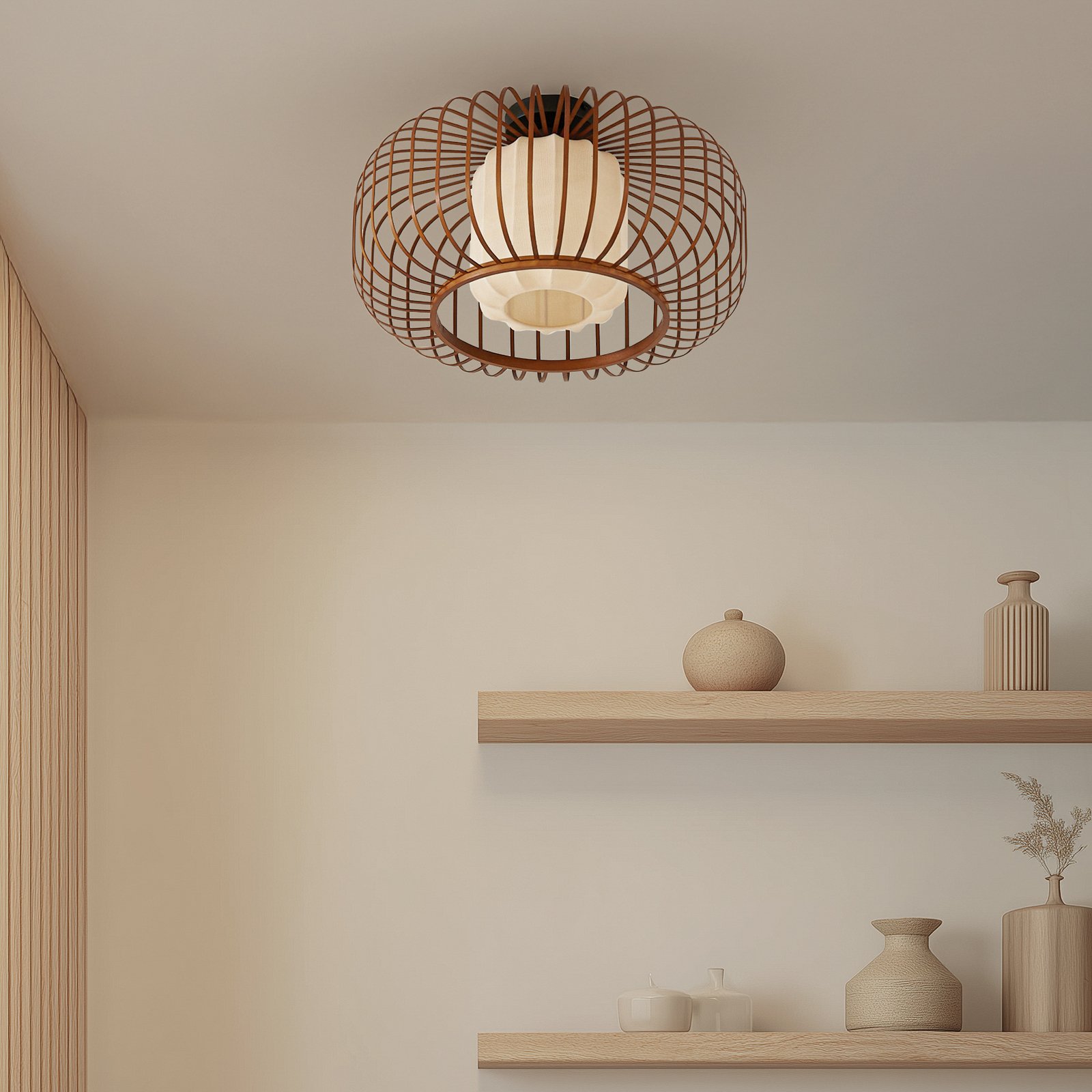 Stropní světlo Davella, Ø 50 cm, bambus, textil – Lindby