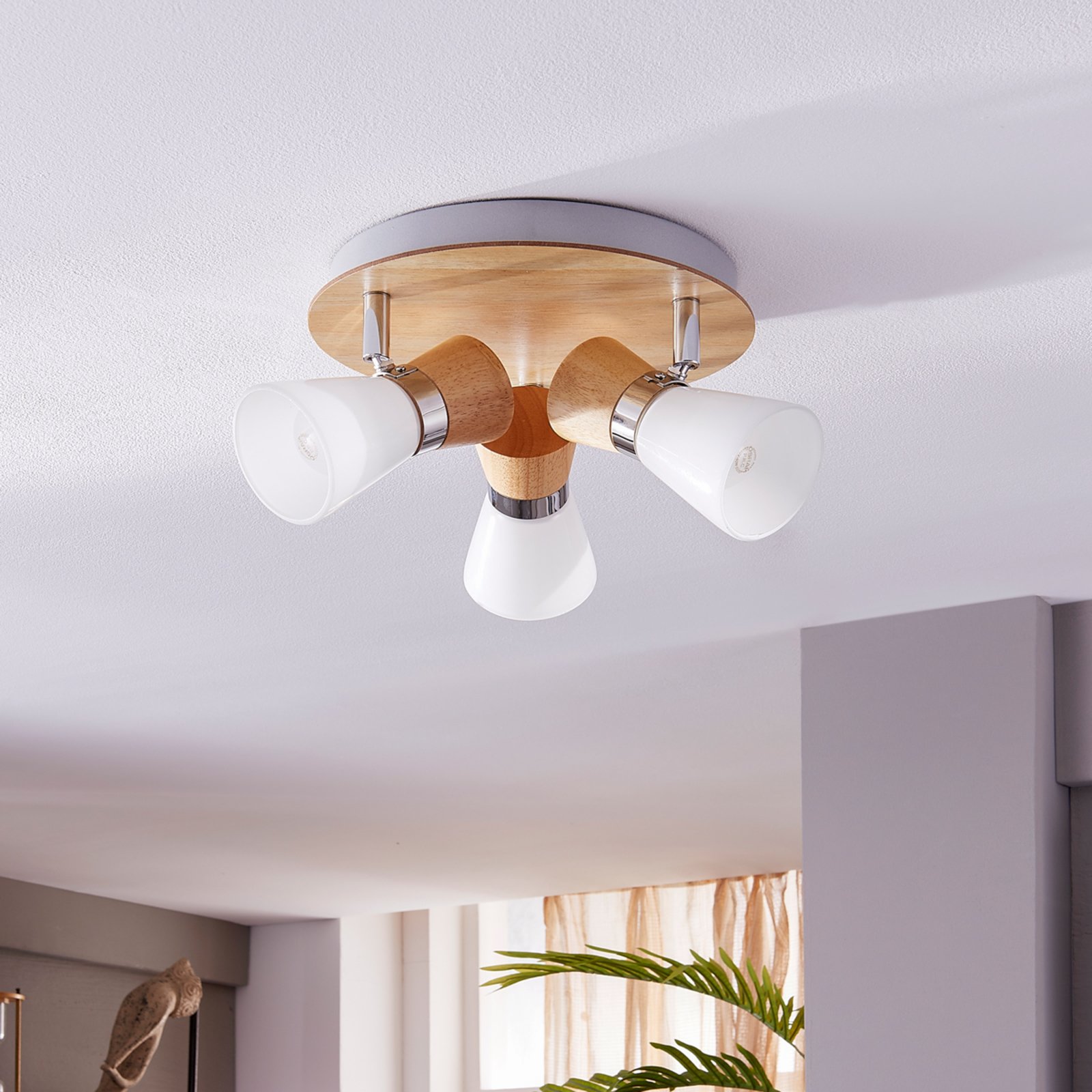 Plafoniera Vivica, legno/cromo, a 3 luci, Ø 26 cm - Lindby