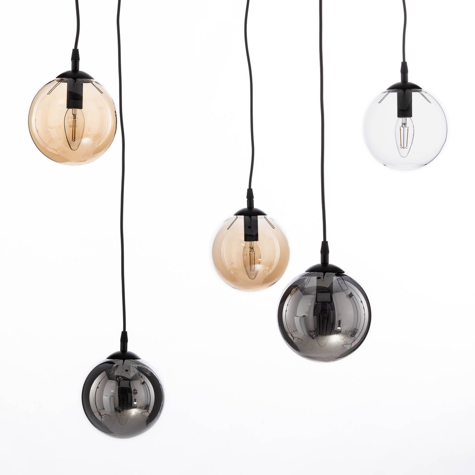 Glassy pendant light, 5-bulb, black, graphite/amber/clear, E14