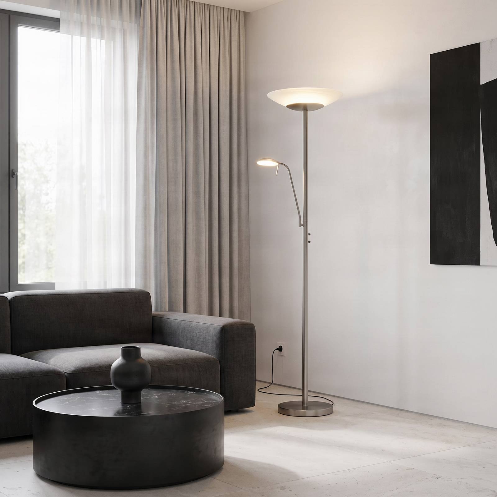 Lampa stojąca LED Lindby Ragna, lampka do czytania, nikiel, ściemniany