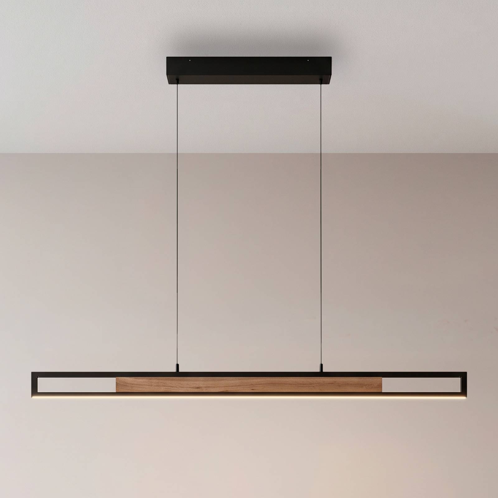 Paul Neuhaus LED hanglamp Sveja, lengte 115 cm, zwart/houtkleur, CCT