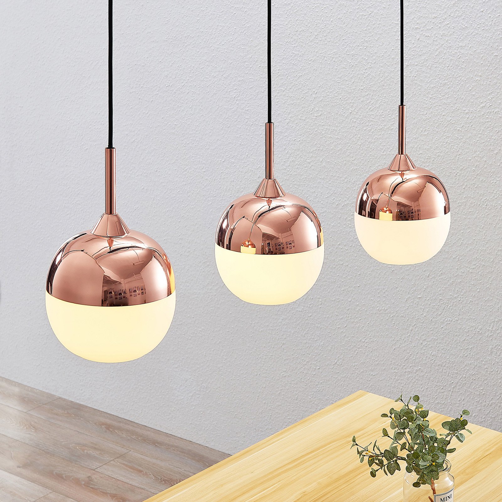 Lindby Rangina pendant lamp, copper, three-bulb, for Living / Dining Room, iron, glass, E27, 60 W, energy efficiency: A++, L: 100 cm, W: 20 cm, H: 20 cm