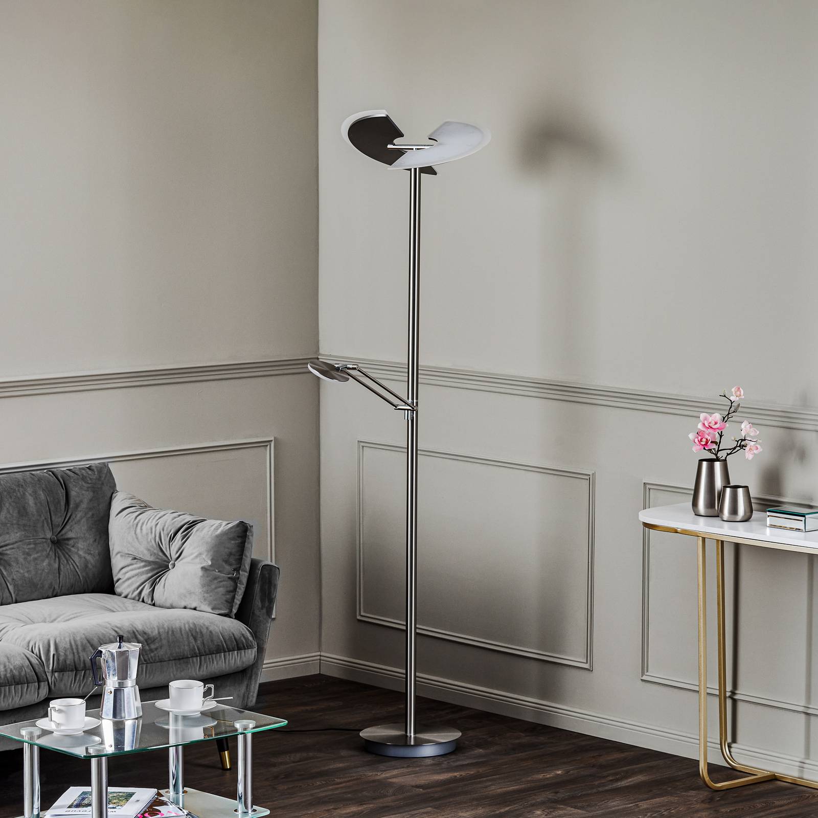 Lucande lucande Kohen LED vloerlamp nikkel met leesarm, voor woon-/ eetkamer, roestvrij staal, kunststof, 40 W, H: 200 cm