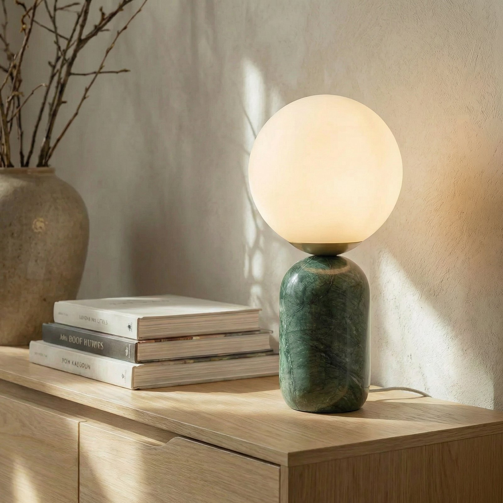 Lindby tafellamp Lennes, groen, marmer, glas, Ø 20 cm