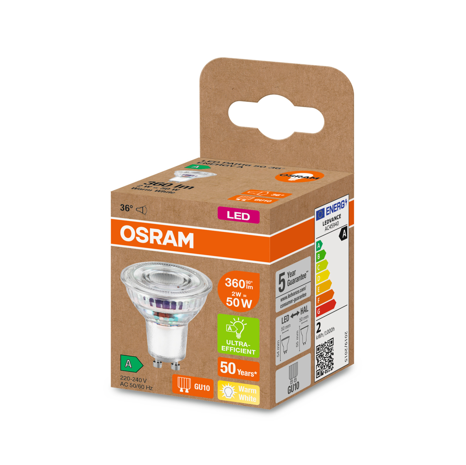 OSRAM reflector LED bulb GU10 2W 360lm 827 36°