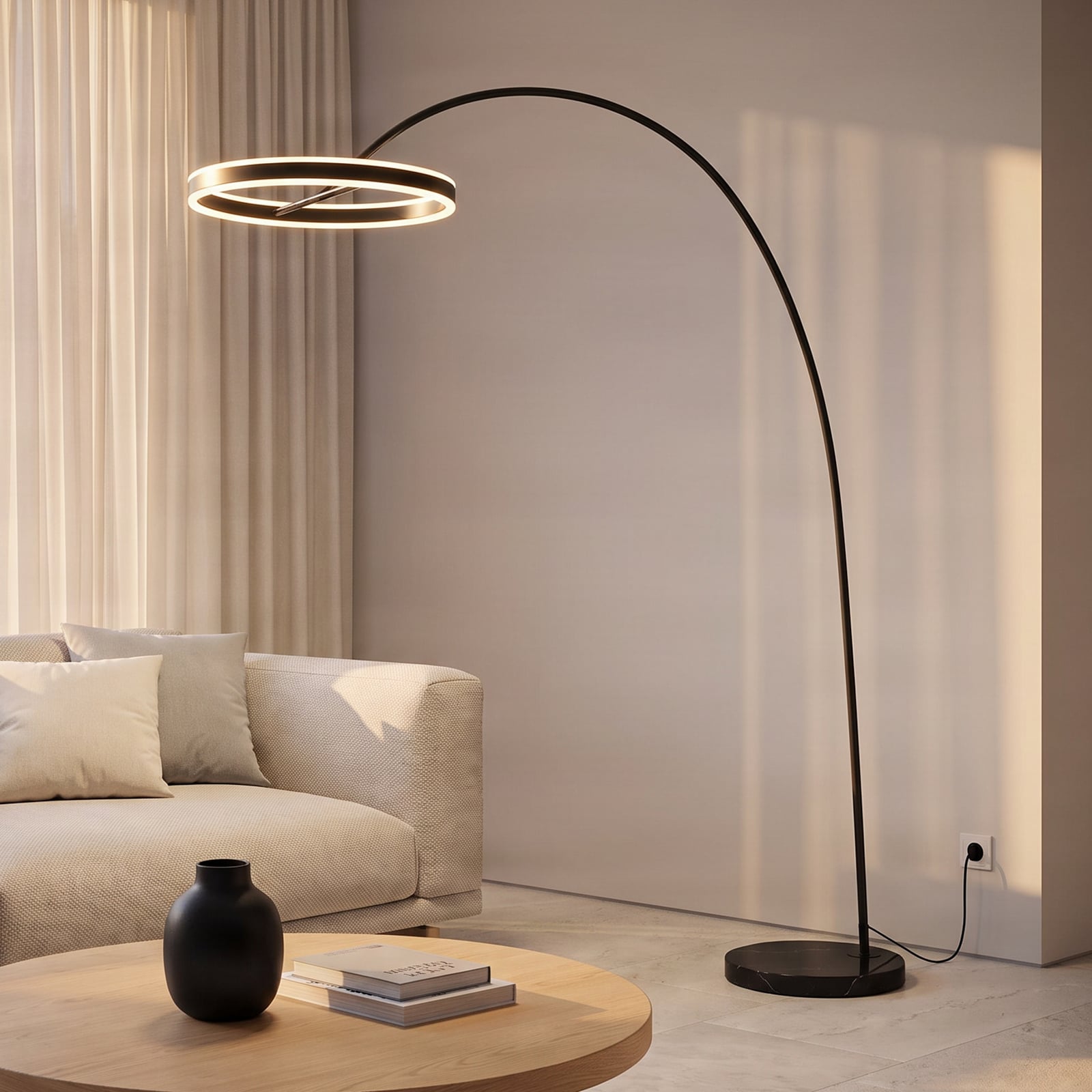 Φωτιστικό τόξου LED Lucande Yekta, μαύρο, 183 cm, με δυνατότητα ρύθμισης του