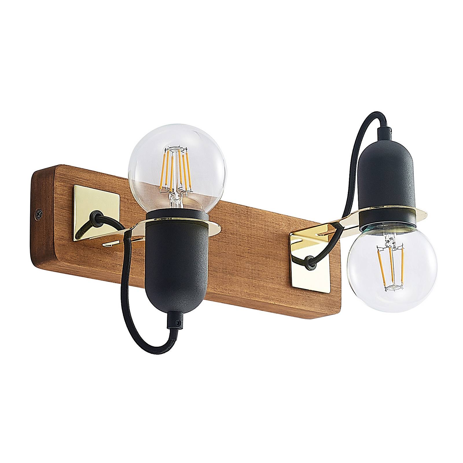 Lucande Becky wooden wall lamp, two-bulb, white, for Living / Dining Room, pine wood, iron, E27, 60 W, W: 35 cm, H: 24 cm