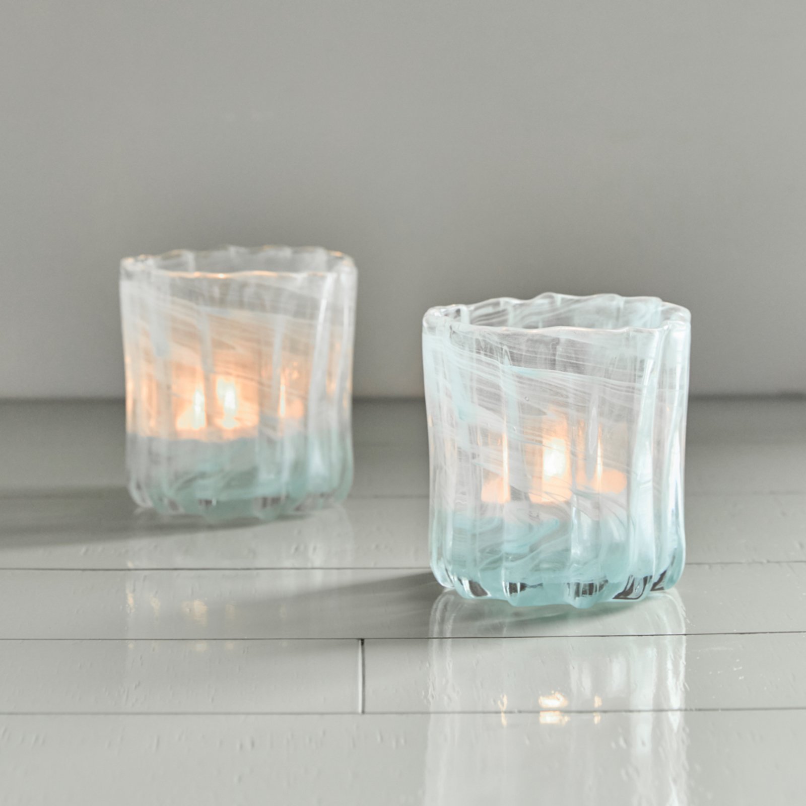 HDCurl tea light holder, blue, glass, set of 2 - House Doctor
