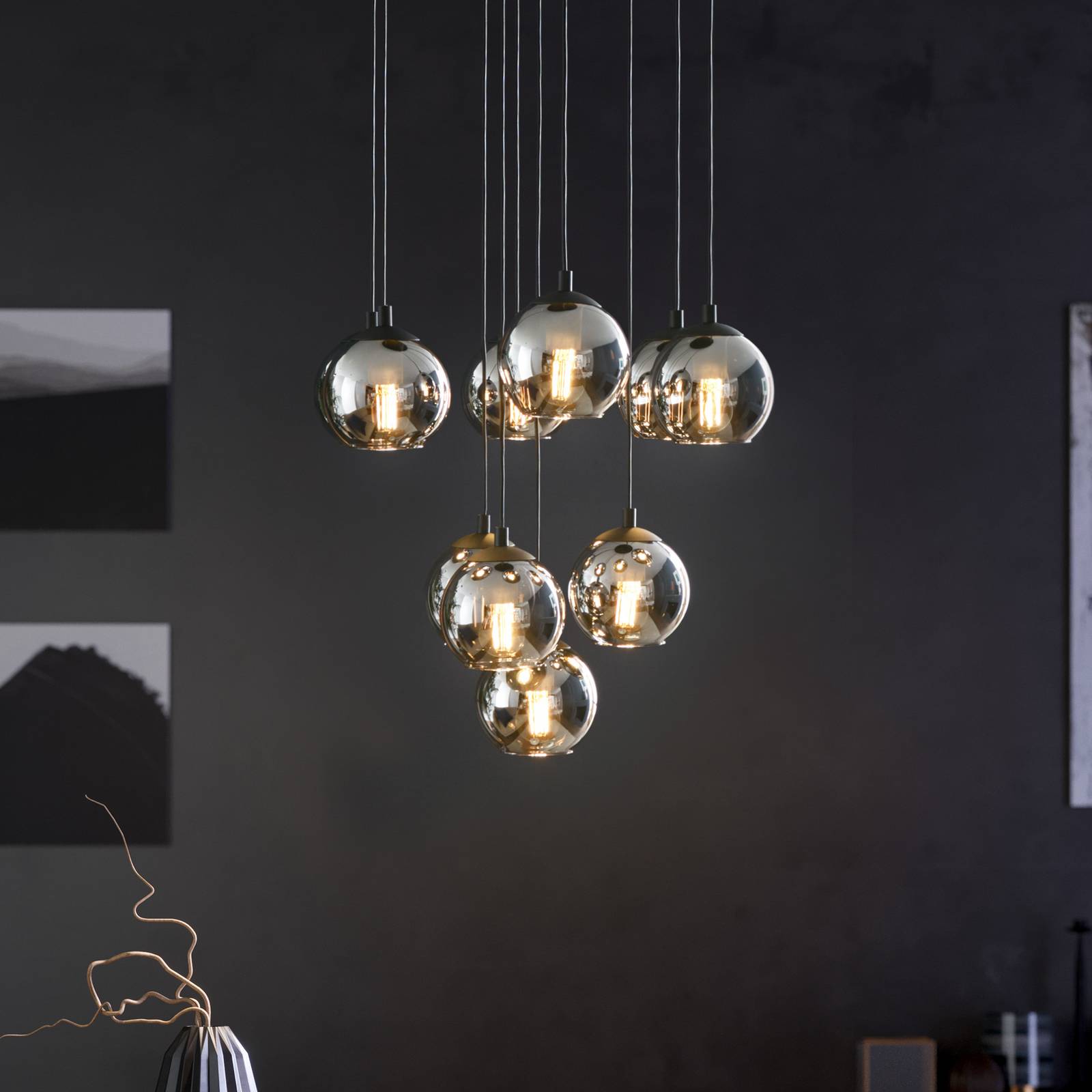 Hängelampe Ariscani, schwarz, Ø 65 cm, Stahl/Glas, 10-flg. günstig online kaufen