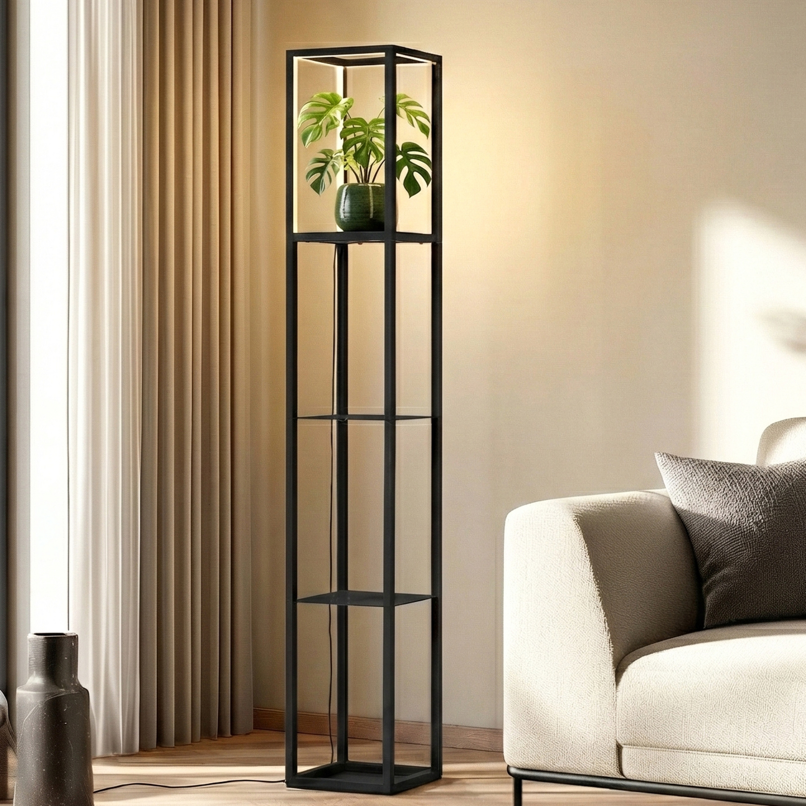 Lindby Lampadar LED Birta, în picioare, raft, înălțime 155 cm