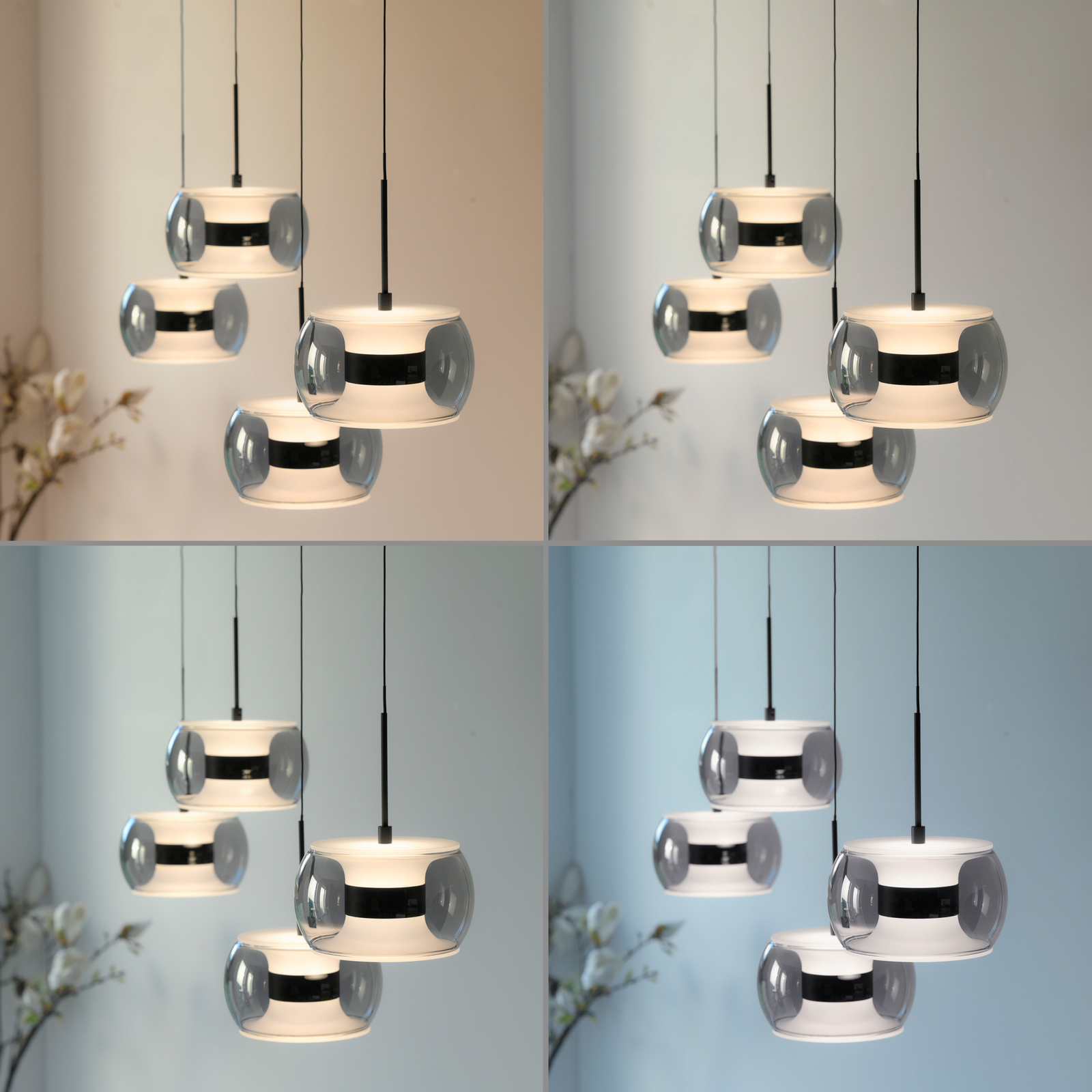 Fumea LED lógó lámpa, hossza 110 cm, fekete/füstös üveg, CCT, 4 izzós